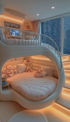 there is a bunk bed with teddy bears in it