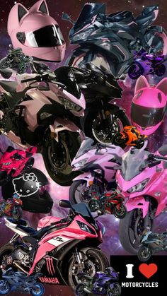 a group of motorcycles with helmets on them in front of the stars and space background