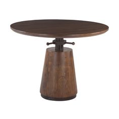 a wooden table with an iron base and round top on the bottom, against a white background