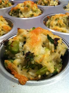 a muffin tin filled with broccoli and cheese