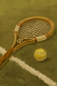 a painting of a tennis racket and ball on the court with grass in the background