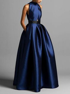 Elegant Pockets Halter Regular Fit Plain Maxi Dress Women’s Formal Dress, Mob Dresses For Fall Wedding, Mid Size Formal Dress, Evening Cocktail Attire For Women, Black Tie Outfit Women, Blue Gala Dress, Navy Wedding Guest Dress, Navy Blue Outfit Ideas, Fancy Evening Dresses