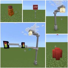 four different views of a stop sign in minecraft