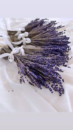 dried lavenders are laid out on a white bed sheet with the stems still attached