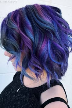 Blue And Purple Hair Looks That Will Amaze You #bobhaircut #wavybob #bobhairstyle Purple Hair Short, Galaxy Hair Color, Blue And Purple Hair, Short Purple Hair, Blue Purple Hair, Mermaid Hair Color, Purple Ombre Hair, Galaxy Hair