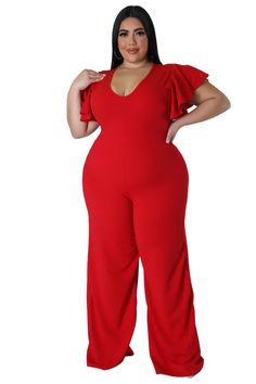 Stretch jumpsuit V neck Sleeveless Zipper closure 93% polyester 7% spandex Hand wash cold Inseam is 37 inches Model is wearing a 2X Stretch Jumpsuit, Chic And Curvy, Bodycon Dresses Casual, Ruffle Pants, Half Sleeve Tops, Casual Rompers, Red Jumpsuit, Drag Queens, Special Girl