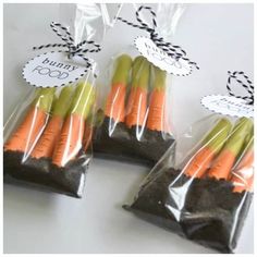 carrots are wrapped in plastic bags and tied with twine to the top for decoration