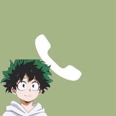 an anime character with green hair and glasses on his head is talking on the phone