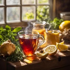 a cup of tea next to lemons and herbs