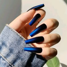 24 Piece Black And Shimmery Blue Ombre Acrylic Coffin Shaped Nails Set Mauve And Blue Nails, Coffin Dark Nails, Black And Blue Ombre Nails, Dark Green Ombre Nails, Denim Nails, Black And Blue Nails, Nails Color Black, Black Ombre Nails, Blue Ombre Nails