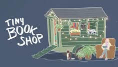 a tiny book shop with a woman and her dog