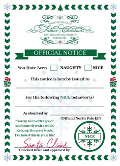 the official notice is in green and white with snowflakes on it's border