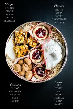 a bowl filled with different types of food on top of a black table next to other items