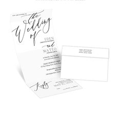 the wedding stationery is shown in black ink on white paper with an envelope and address card