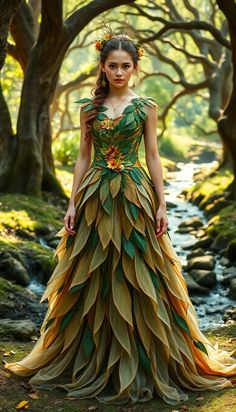 a woman in a dress made out of leaves standing next to a stream and trees