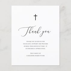 a thank card with the words, thank you and a cross in black ink on it