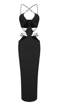 CUTOUT CHAIN MAXI DRESS IN BLACK Most Revealing Dress, Black Dress With Chains, Fitted Chain Dresses, Black Formal Dress With Chain Strap, Fitted Chain Detail Dress For Night Out, Fitted Chain Dress For Night Out, Fitted Chain Dresses For Night Out, Chic Black Dress With Chain Strap, Edgy Black Formal Dress