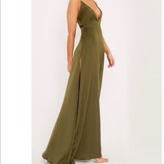 New With Tags Plt Olive Green Dress With Side Split. Size 6 Us Green V-neck Maxi Dress With Side Slits, Olive Fitted Maxi Dress, Green Backless Dress For Casual Wear, Fitted Olive Elegant Maxi Dress, V-neck Lined Maxi Dress For Prom, Lined V-neck Maxi Dress For Prom, Olive Fitted V-neck Dress, Elegant Olive Party Dress, Chic Olive Maxi Length Dress