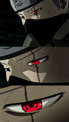 two anime characters with red eyes and black hats, one is staring at the camera