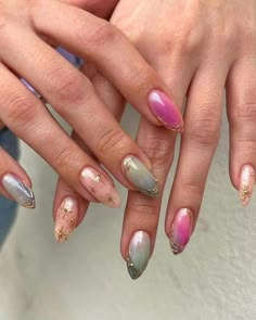 Tiny Nails Ideas, Fairytale Nail Art, Whimsical Nail Designs, Ethereal Nail Design, Iridescent Butterfly Nails, Ethereal Nail Art, Pink And Golden Nails, Aura Nails With Stars, Cute Funky Nails Almond