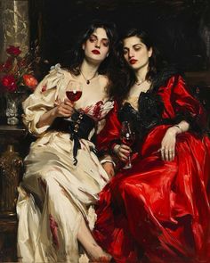 two women dressed in red and white sitting next to each other holding wineglasses