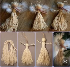 four different pictures showing how to make an angel ornament with yarn and feathers