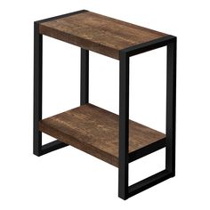 a wooden and metal side table with one shelf on the bottom, two shelves below