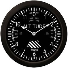 a black wall clock with white numbers on it's face and the words altitude