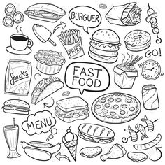 fast food doodles set with burger, hotdog and other items in black and white