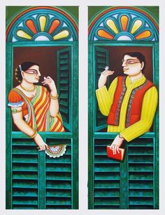 Bengali Art Paintings, Bengali Folk Art, Kalighat Patachitra, Kolkata Art, Bengali Couple, Green Acrylic Painting, Making Frames, Bengali Art, Buy Paintings Online