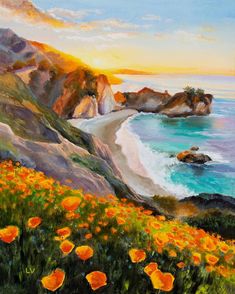 a painting of an ocean with flowers in the foreground