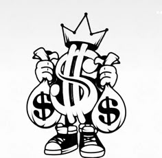 a black and white drawing of a person holding money bags with the word $ on it