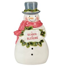 a ceramic snowman with a hat and scarf