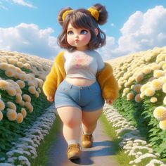 a cartoon girl walking down a path in a field