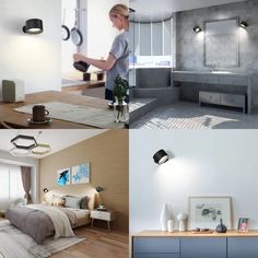 four different views of a bedroom and living room with furniture, lighting, and decor