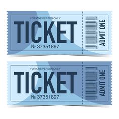 two blue tickets with the word ticket written in black and white on each one side