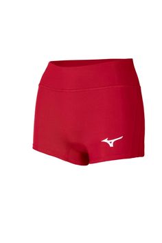 a women's red shorts with white logo on the bottom and side, in front of a white background