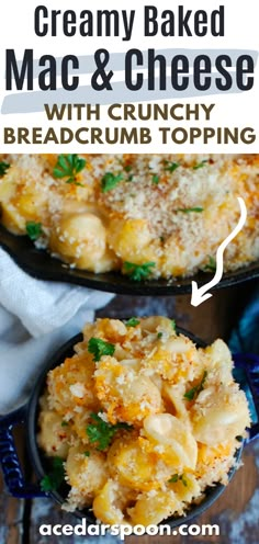 creamy baked macaroni and cheese with crunchy breadcrumb topping in a cast iron skillet