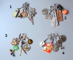 four different types of keychains are shown in this image, including one with an arrow