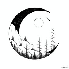 a black and white drawing of trees on a hill with a moon in the sky