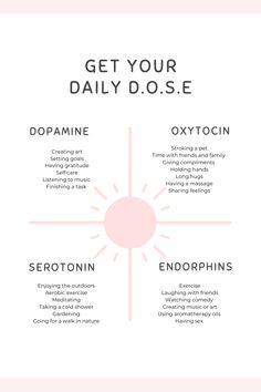 Feeling stressed?  One of the best ways to release that stress and boost your mood is to get your daily D.O.S.E of dopamine, oxytocin, serotonin and endorphins by trying some of the activities listed. They are simple, yet effective ways to feel good and manage your stress. Boost Happy Hormones, Boost Mood And Energy, Mood Boosting Activities, Things To Feel Better, Ways To Boost Dopamine, Happy Hormones Quotes, Dopamine Release Activities, Dopamine Morning Routine, Dopamine Boosting Activities