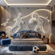 a bedroom with a soccer theme on the wall