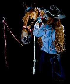 a painting of a girl holding the reins of a horse in front of a black background