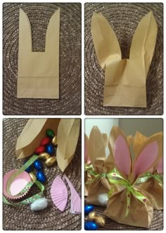 four pictures show how to make a paper bag with bunny ears and seashells