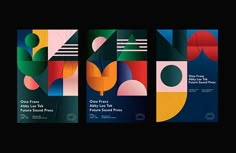 three posters with different colors and shapes on black background, each featuring an abstract design