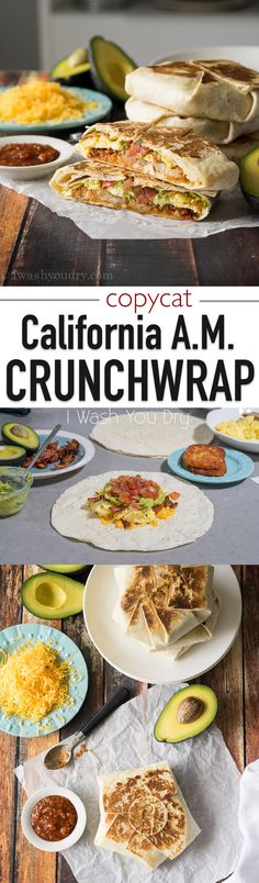 several plates with different foods on them and the words copycat california a m crunchwrap