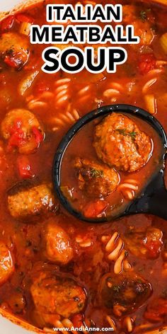 italian meatball soup in a bowl with a ladle