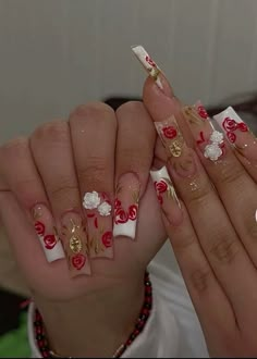 Acrylic Nail Designs Classy, Mexican Nails, Red And White Nails, Quinceanera Nails, Nails Design With Rhinestones, Simple Acrylic Nails