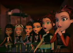 several cartoon dolls are standing in a row with their hands on their chins and looking at the camera