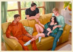 three people sitting on a couch with one person holding the other's leg up